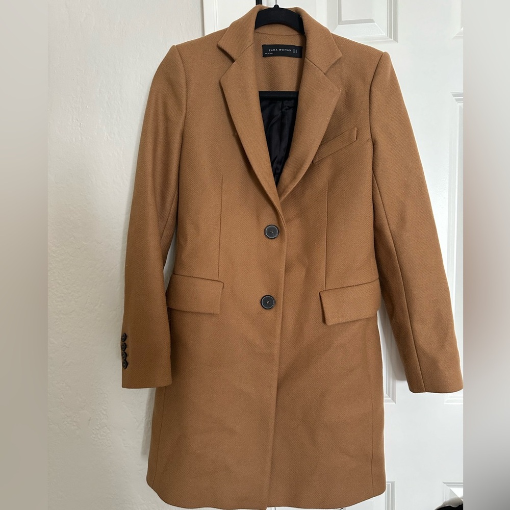 ZARA Woman Masculine Camel Brown Pea Coat Jacket Sz XS
